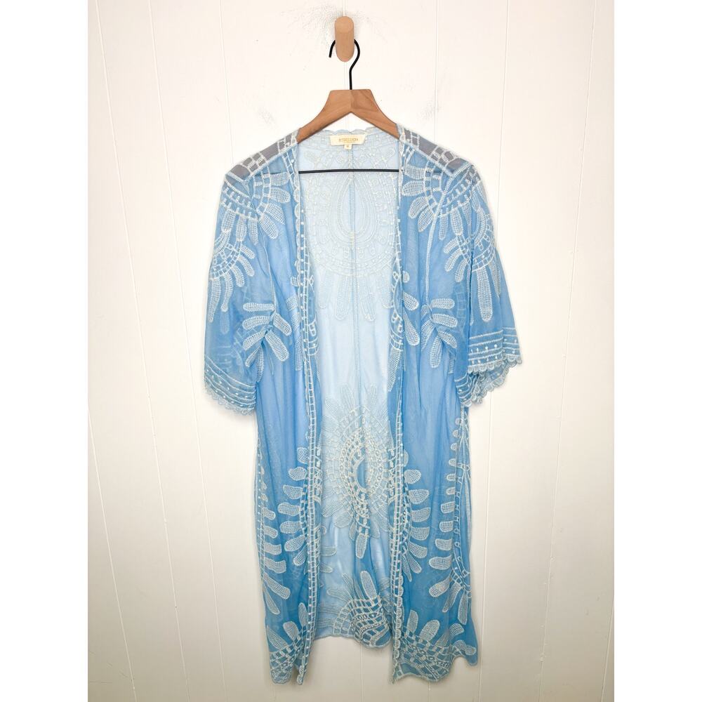 Rebellion Blue Duster Kimono Medium Beach Swim Coverup Lightweight Boho Flowy - Picture 2 of 8